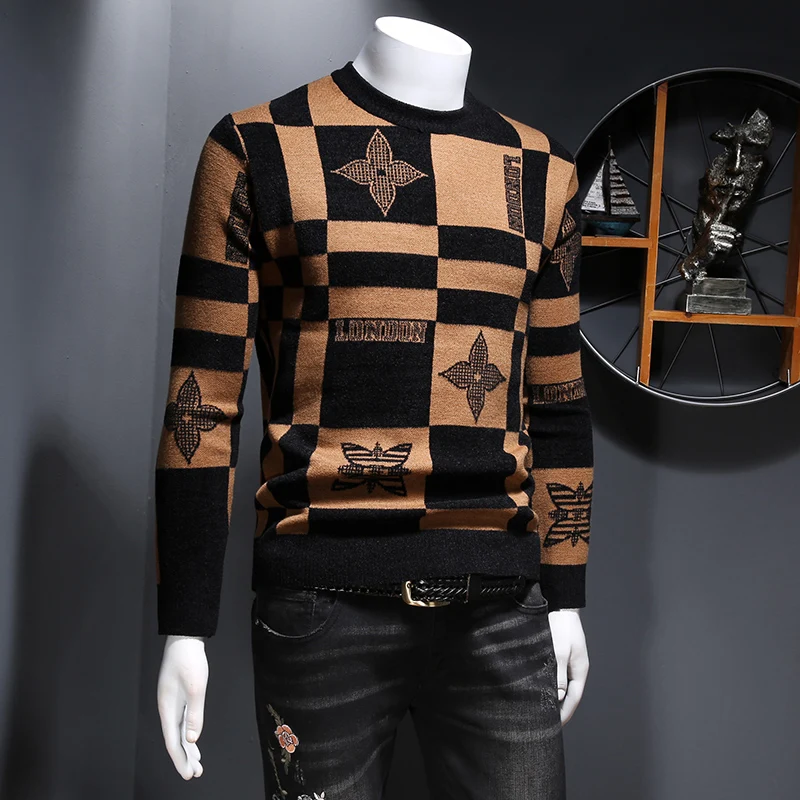 

Men's Velvet Sweater European Station Jacquard Trend Knit Sweater Youth Handsome Round Neck Thick Sweater