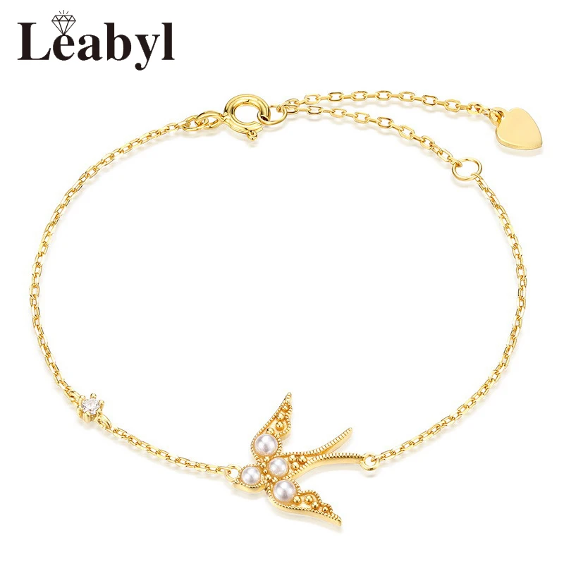 

Leabyl Classic Design Gold Color Swallow Chain Link Bracelet Freshwater Pearls 925 Sterling Silver Charm Bracelet Jewelry Gift