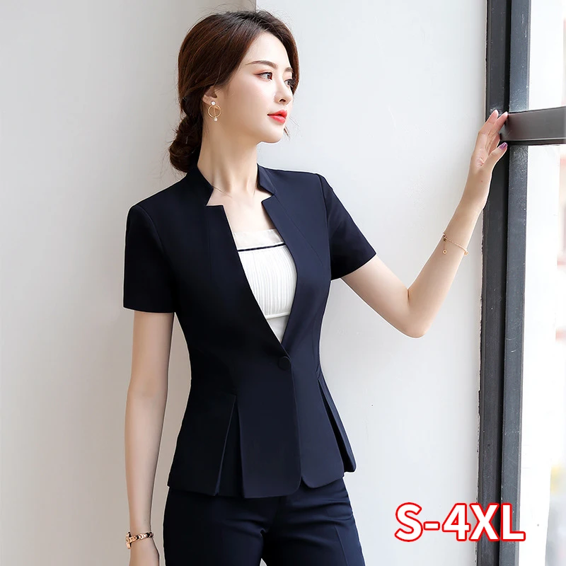 Деловая одежда женские летние брючные костюмы костюм со стоячим воротником и