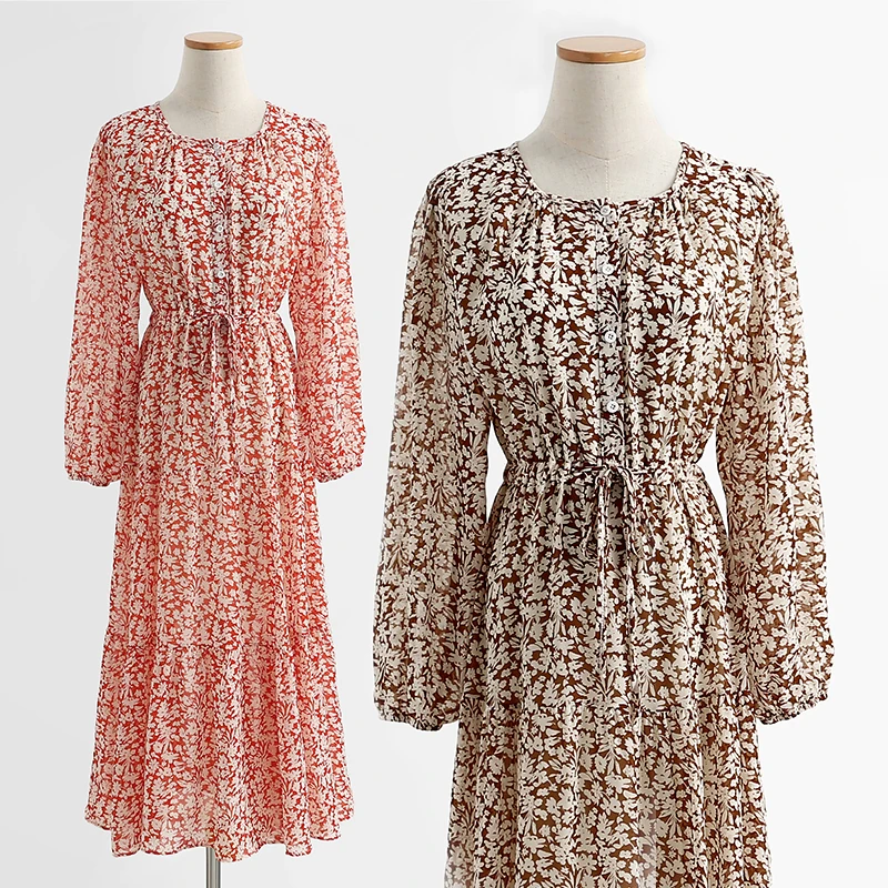 

New Women's Floral Print Chiffon Dress 2021 Spring Autumn New Female Casual Single-breasted lace Up Bow Basic Dresses