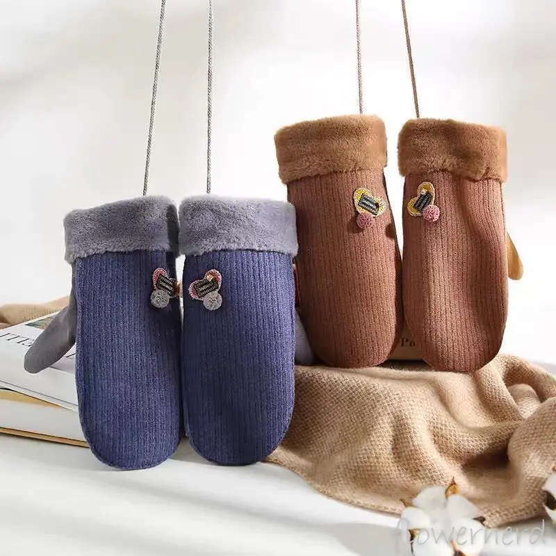 Зимние женские бархатные толстые теплые милые студенческие перчатки Ins с сердцем