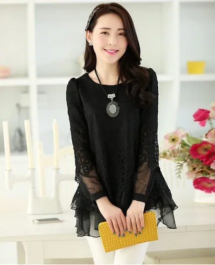 Женская винтажная блузка с длинным рукавом кружевная рюшами черного или белого