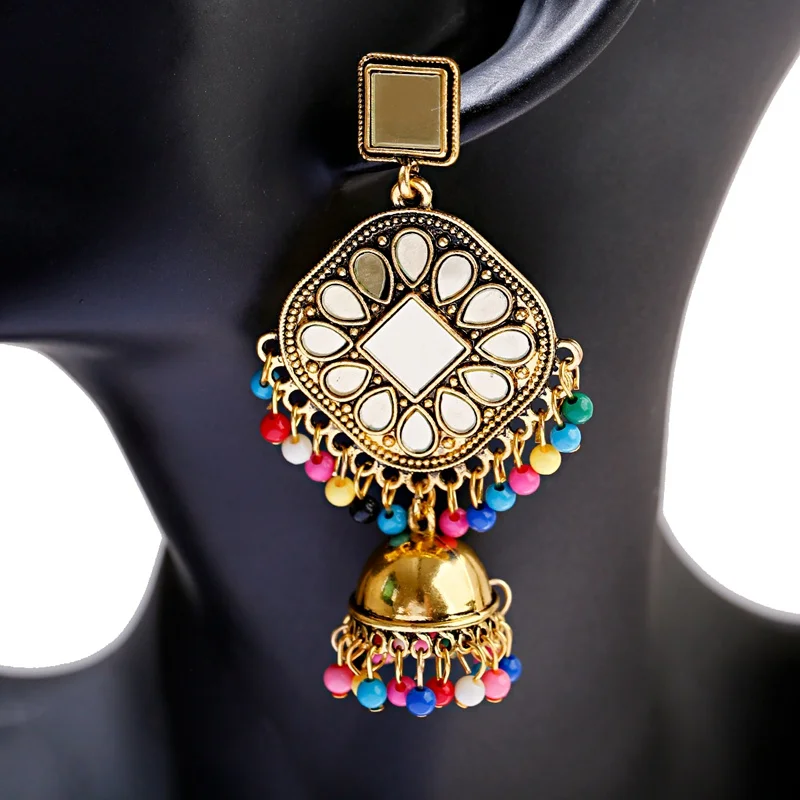 Цыганские серьги с жемчужинами и кисточками в индийском стиле Jhumka для женщин, богемные Ретро Золотые Зеркальные колокольчики, тибетские сережки oorbellen