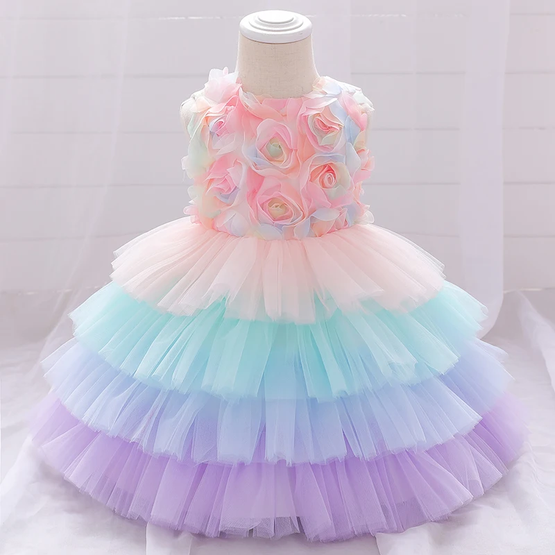 

2021 Baby Girl Dress 1st Birthdays Dress For Girl Clothes Baptism Mixed Color Princess Party Wedding Dresses Multi-Layer Mesh