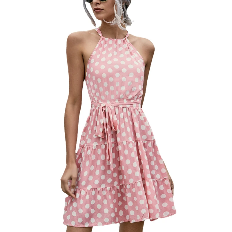 

2021 summer new style dresses American women's sexy dot printed dress lady dresses halter pink mini short dress Sweet LYQ073