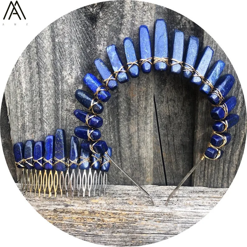 Rose Gold Wire Wrapped Natural Lapis Stone Point Headband Tiara Crown Women Metal Hair Combs Hair Jewelry Accessories HG025AMCI