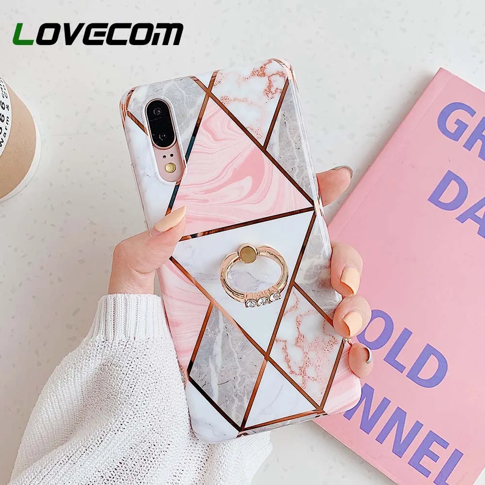 lovecom plating geometric marble phone case for huawei p40 pro p30 lite p20 lite pro with finger ring soft imd back cover gift free global shipping