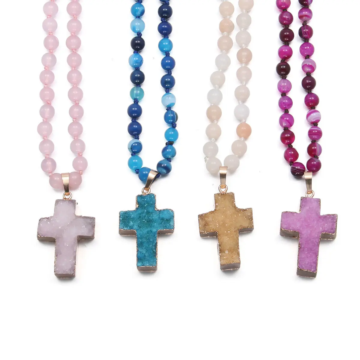 

New Cross-Shaped Agate Pendant Necklace Natural Semi-Precious Stone Rose Quartz Round Beads Chain for Unisex Charm Jewelry Gift
