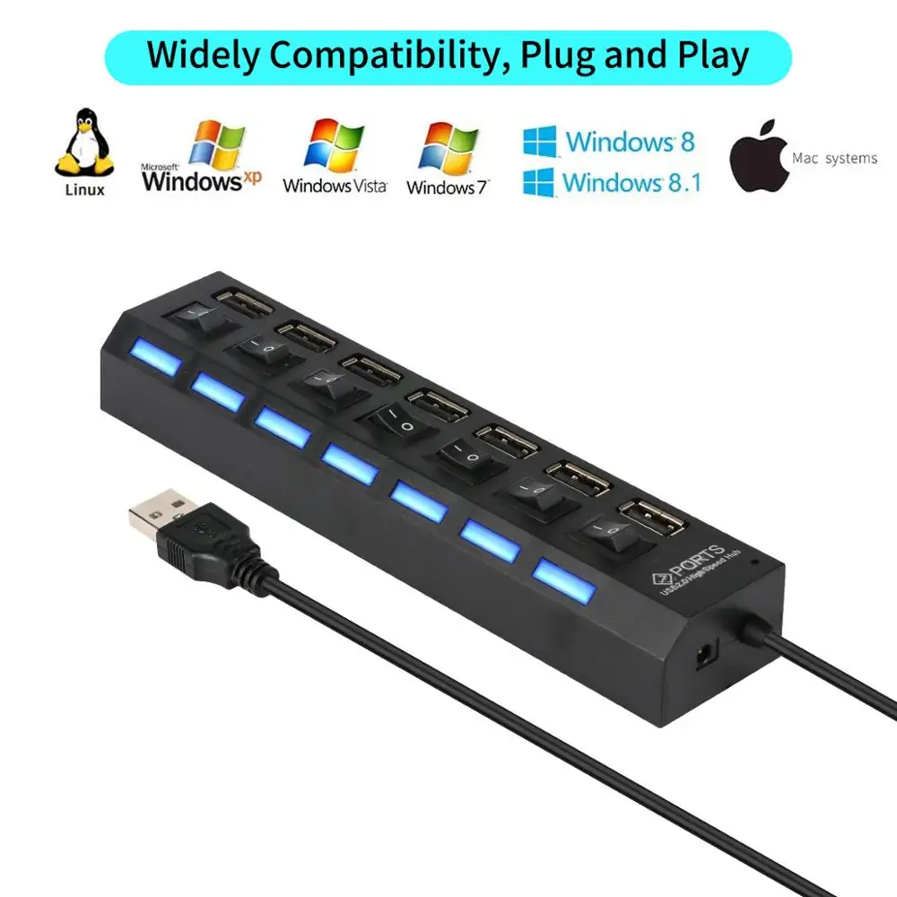 7-портовый USB-Разветвитель USB 2 0 3 хаб с выключателем питания высокоскоростной