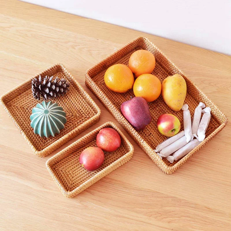 

Big deal 3Pcs Handmade Rattan Rectangle Serving Tray with 3Pcs Rattan Basket, Bread Basket, Fruit Storage Basket