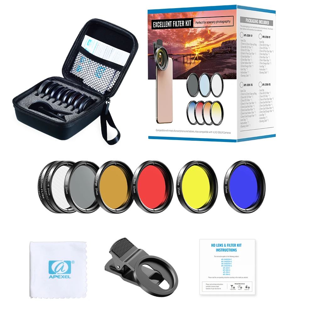 only 7 filters APEXEL камера Сотовый телефон объектив Kit0.45x Широкий+ 37 мм полный синий красный цветной фильтр+ CPL ND32+ Звездный фильтр для iPhone Xiaomi всех смартфонов - Цвет: only 7 filters
