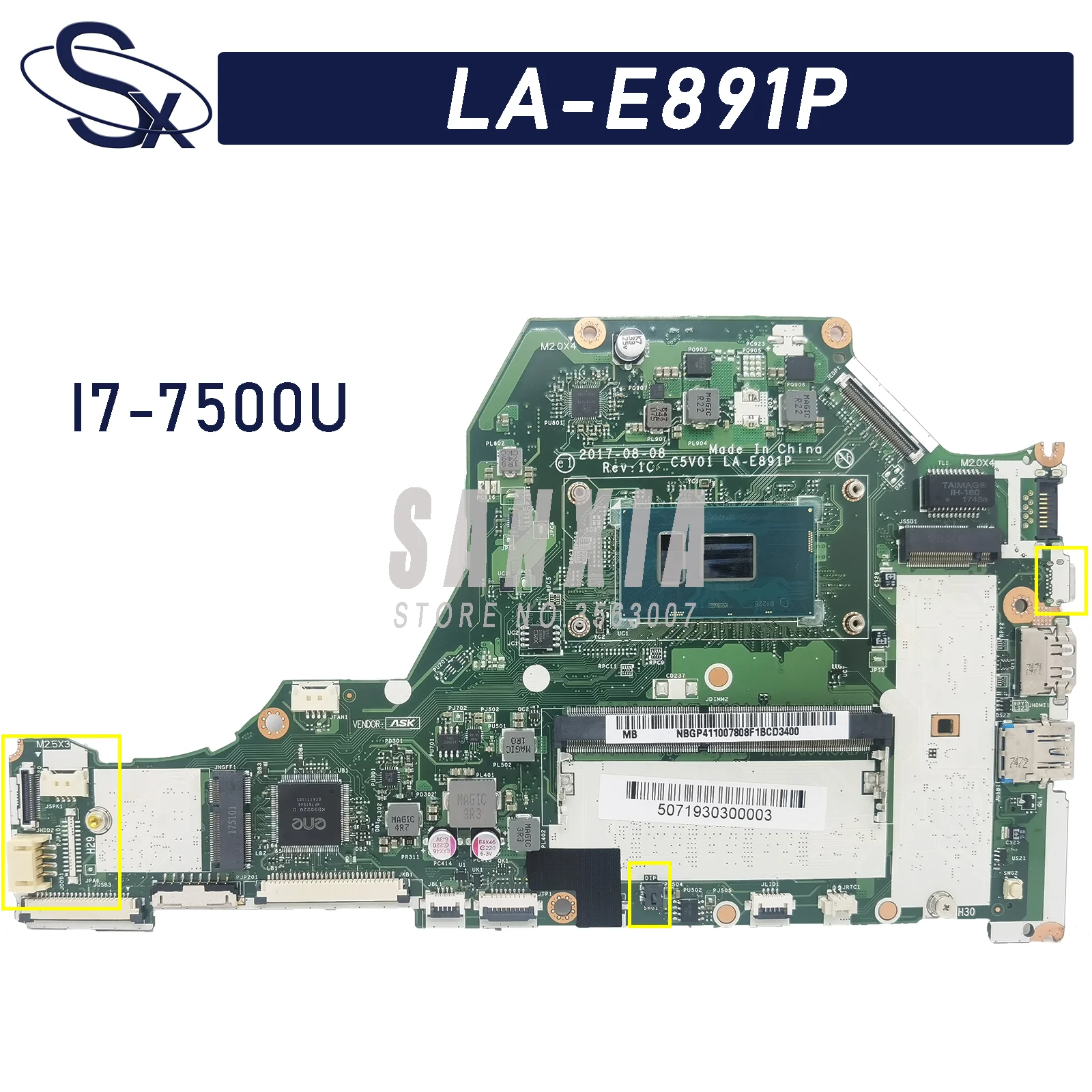 

Материнская плата C5V01 LA-E891P подходит для Acer Aspire A615-51G, A515-51G, A315-51G, A517-51G, материнская плата I7-7500U (GM) 100% протестирована