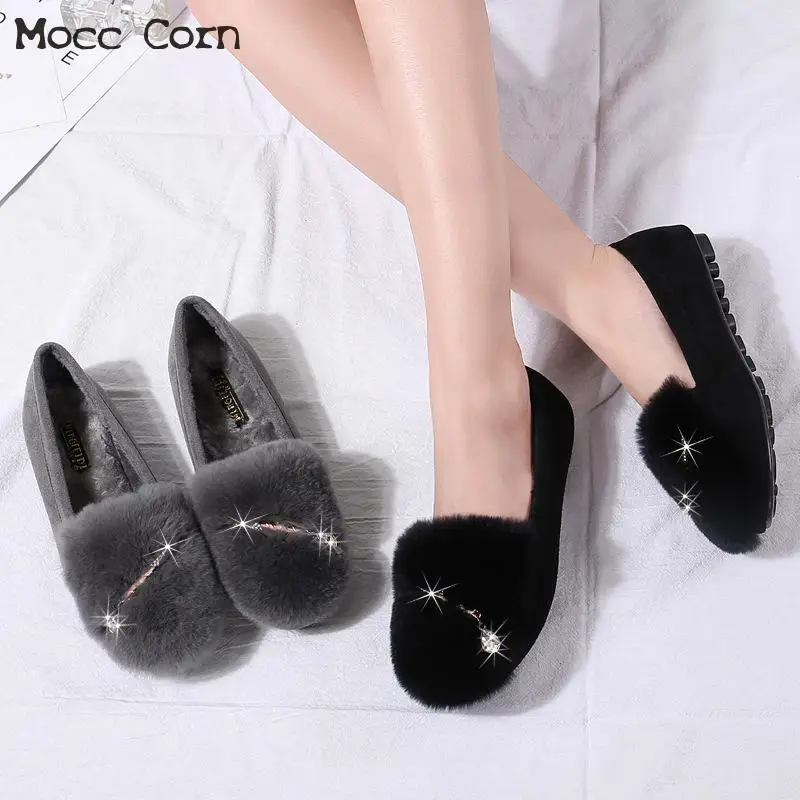 Зимние теплые меховые лоферы Женская обувь на плоской подошве из плюша Женские