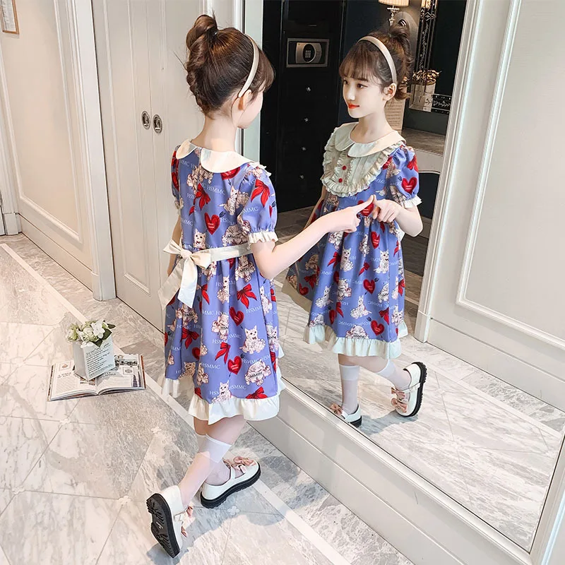 

Kitten Lapel Dress Girl Summer 2021 New Children's Back Strap Waist Princess Dress Party Dresses for Girls for 4-15 Years
