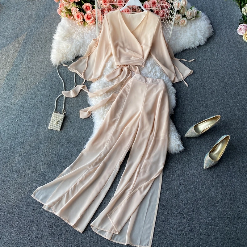 

Amolapha Women Fashion Two Piece Set V-Neck Bow Flare Short Sleeve Short Chiffon Tops+High Waist Split Wide Leg Pants Lady Suit