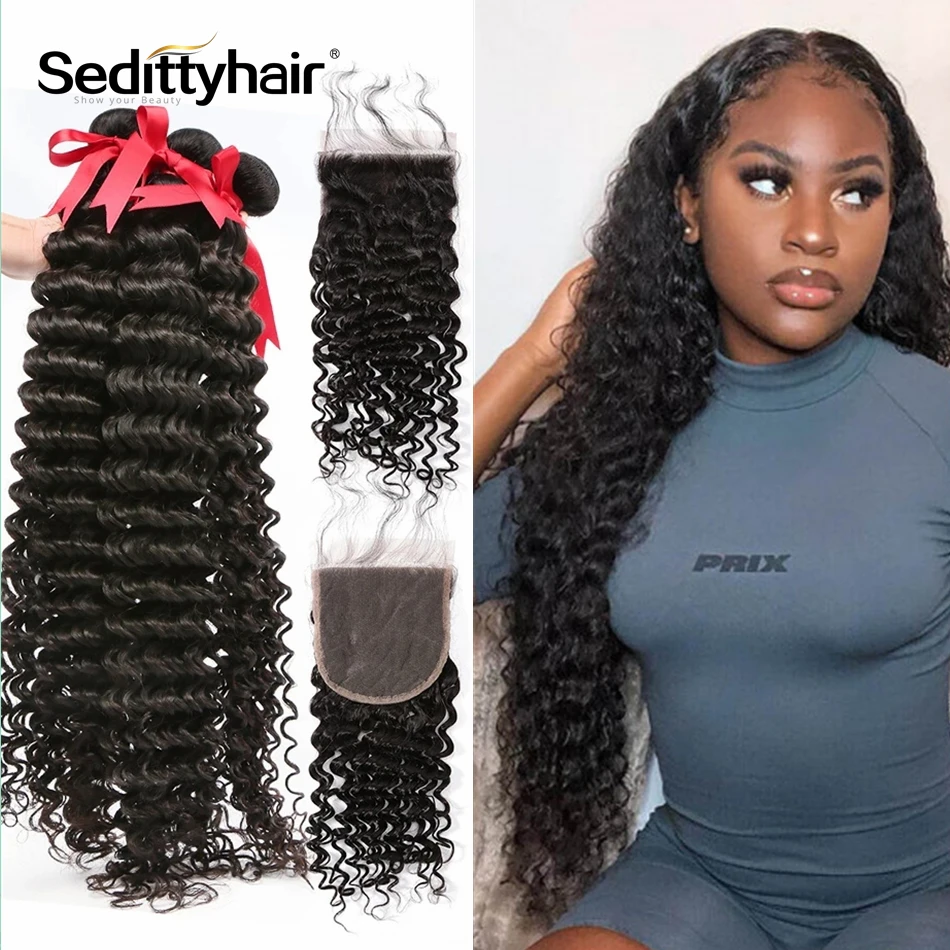 26 28 30 Inch Deep Wave Bundles With Closure Brazilian Curly 100% Human Hair Water Wave 3 4 Bundles Weave And Lace Frontal Remy