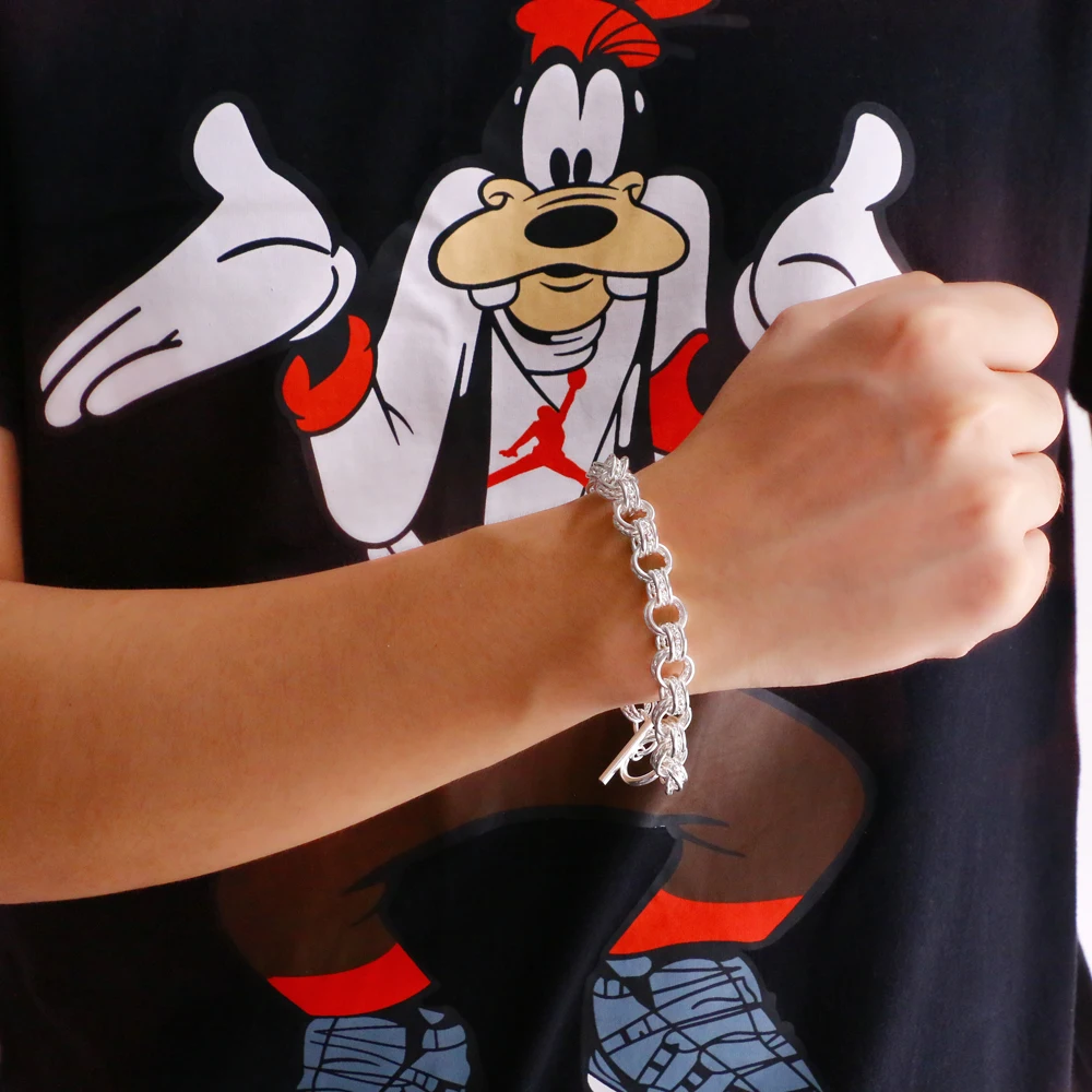 

Fine Men and Women 925 Sterling Silver Classic Round Tag O-shaped Chain Silver Bracelet Jewelry Couple Engagement Gift