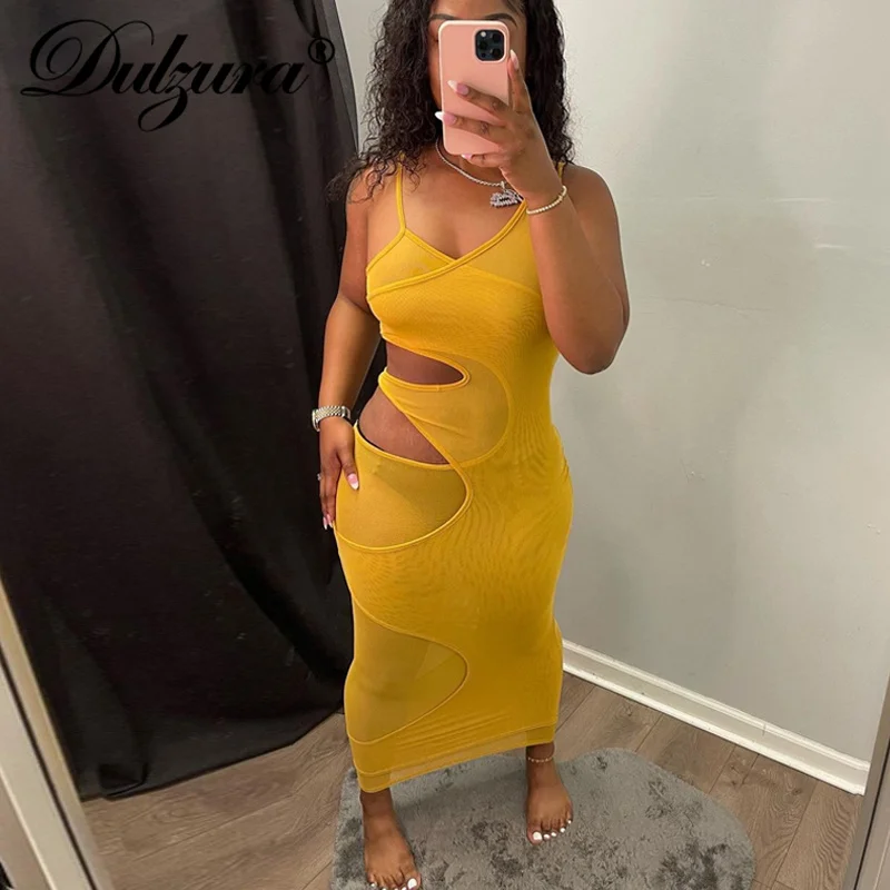 

Dulzura Hollow Out Mesh Patchwork Women Strap Midi Dress See Through Sheer Bodycon Sexy Streetwear Party Club Festival Irregular