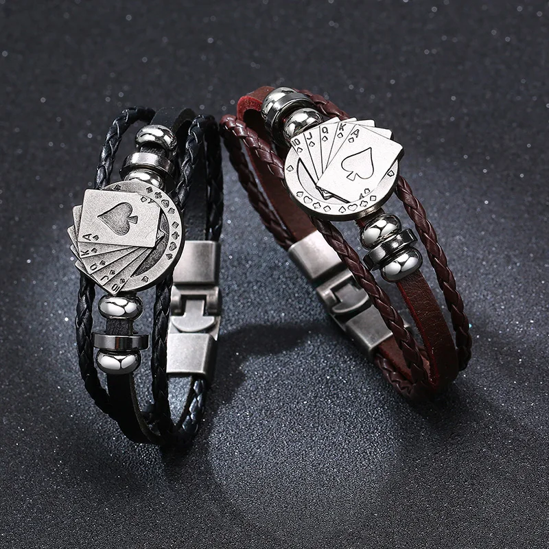 POKER BROWN LEATHER CUFF BRACELET MEN'S MULTILAYER WRAP WRISTBAND FRIENDSHIP VINTAGE BIKER PLAYING CARD BANGLE MEN JEWELRY | Украшения