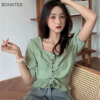blouses women chic lace up design simple all match lovely ins slim summer ladies crop tops chiffon soft vintage womens shirts