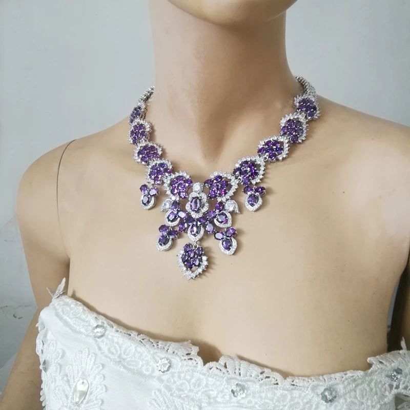 2019 Новая мода романтические фиолетовые цветы циркон ожерелье серьги набор