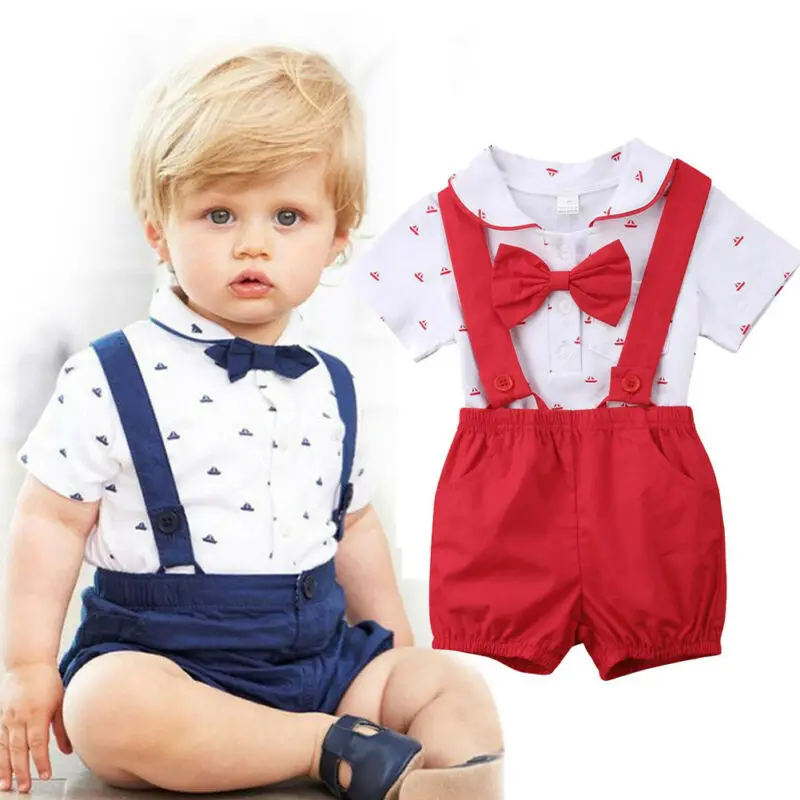 

Formal Gentalman Outfits Infant Toddler Baby Boy Christening Formal Bow Tie Bodysuit Top Strap Shorts Outfit Suit Set