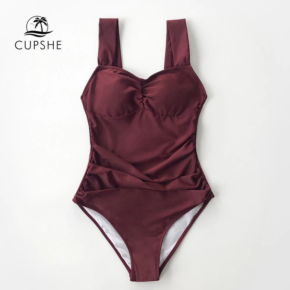 CUPSHE Одноцветный бордовый с рюшами Цельный купальник женский сексуальный мягкими