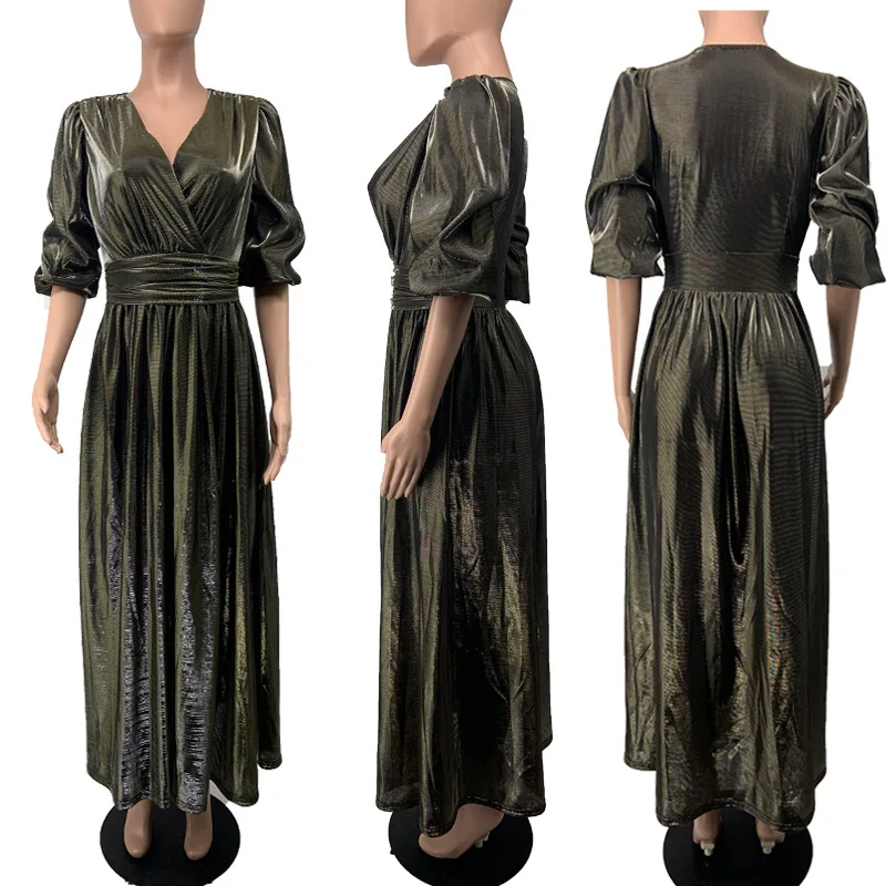 Sexy Evening Party Dress Women African Clothes Robe Long Plus Size Solid Gold V-Neck Split High Waist Pleated Ninght | Тематическая