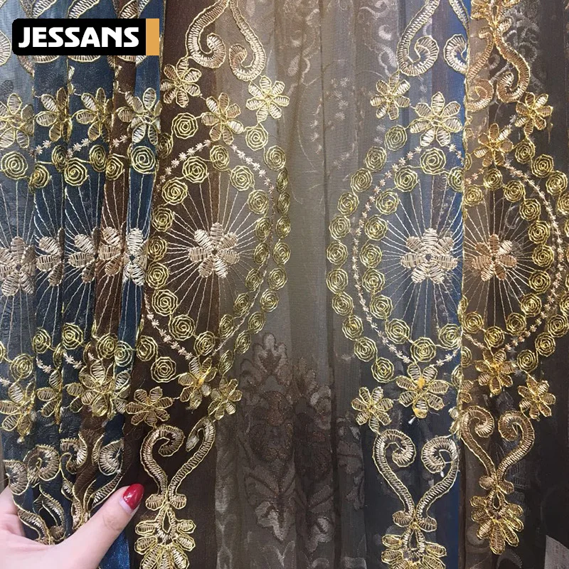 

The New European Heavy Gradient Curtains for Living Room Window Screen European Luxury Gold Cord Embroidery Screens