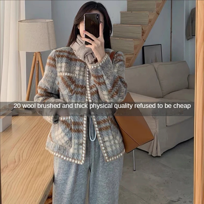 

French Chanel Style O-Neck Collar Plaid Women Thick Jacket Wool Vintage Coat Female Elegant Mujer Streetwear Winter