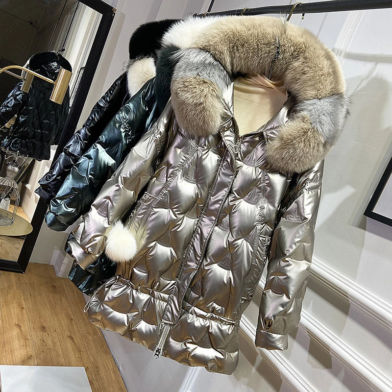 

2021 New Winter Glossy Women Big Fur Collar Oversize Down Long Coat Female Thick Warm Hooded White Duck Down Jacket Parka
