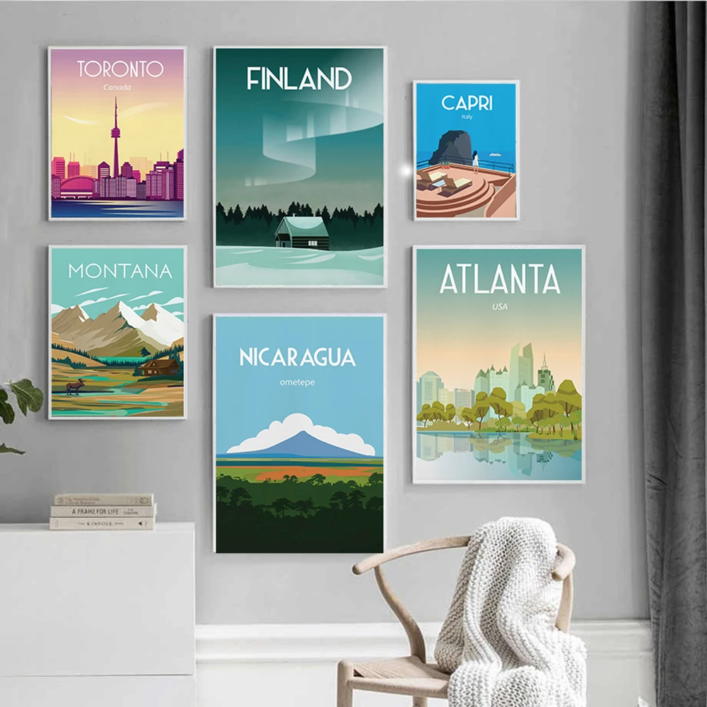 

Vintage Travel Landscape Posters Finland Atlanta Montana Cities Canvas Painting Aurora Forest Wall Art Prints Picture Home Decor