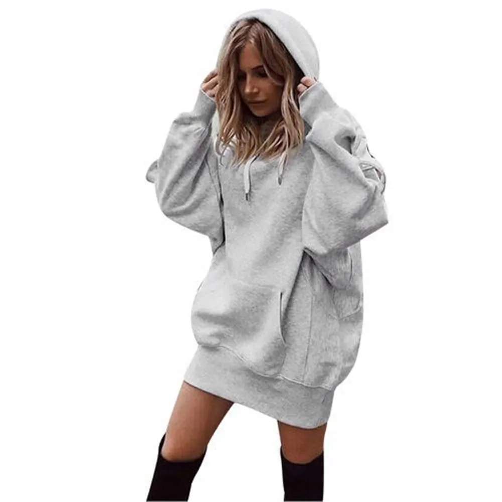 

Hoodies Dress Solid Color Loose Long Sleeve Thicken Warm Sweatshirts For Women Casual Streetwear Hoodies
