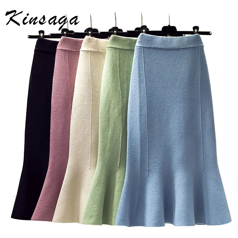 Kinsaga Женские однотонные вязаные юбки с высокой талией весна осень элегантные