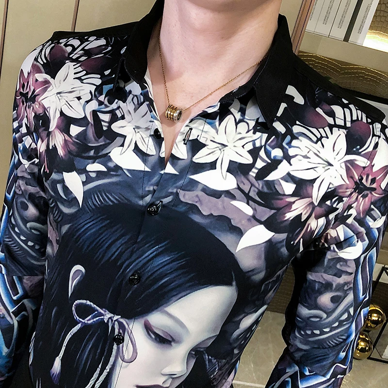 

Mens Print Girl Shirts Long Sleeve Camisa Masculina Casual Slim Fit Shirt Men Night Club Work Streetwear Social Shirt
