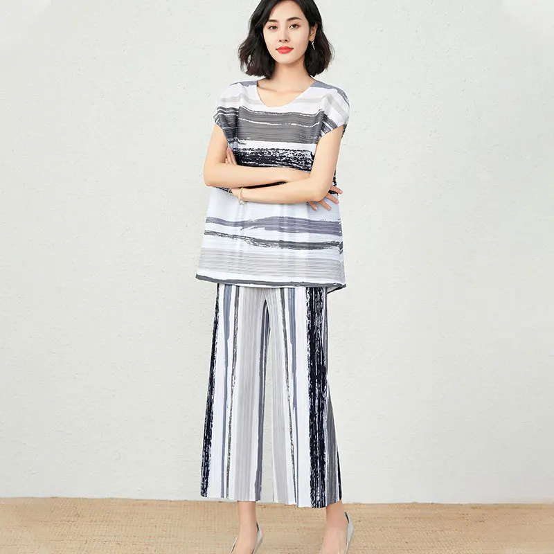 Color Striped Printed Pleated Women's Pants  High Waist Straight Tube Wide Leg