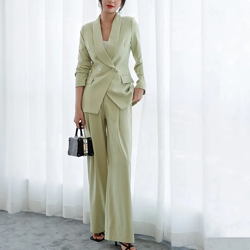 

Spring Autumn Women Double Breasted Chic Office Lady Suit Coat + Wide Leg Pants Female Professional Wear Woman Pants Suits