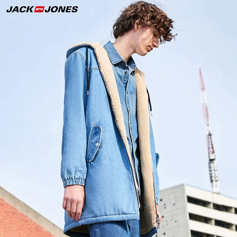 JackJones мужская зимняя куртка капюшоном длинным овечьим мехом джинсовая |