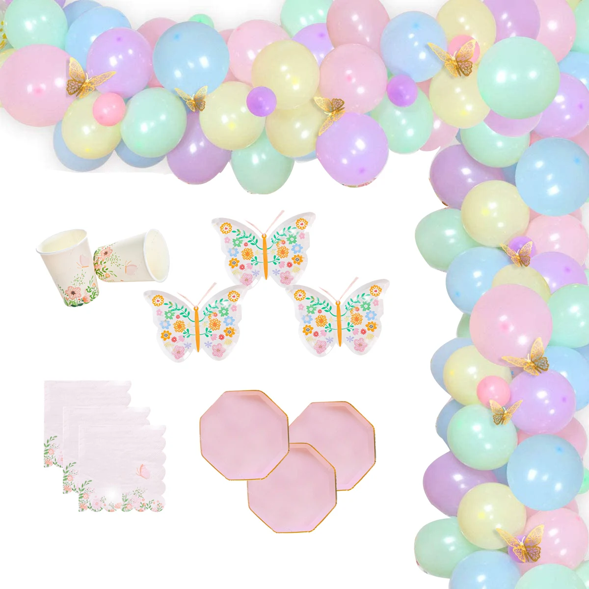 

Butterfly Birthday Decorations Pastel Balloons Garland Disposable Tableware for Garden Floral Spring Party Wedding Decor