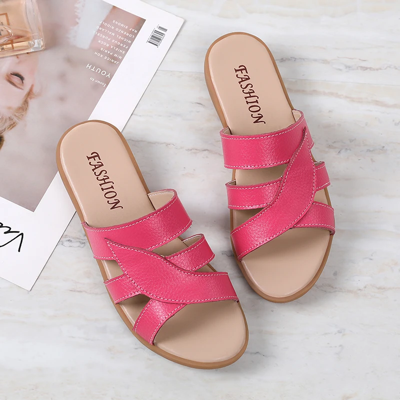 

Genuine Leather Women's Slippers Casual Cowhide Sewing Antiskid Wear Resisting Light Soft Comfort Grace Fashion Simplicity Flats