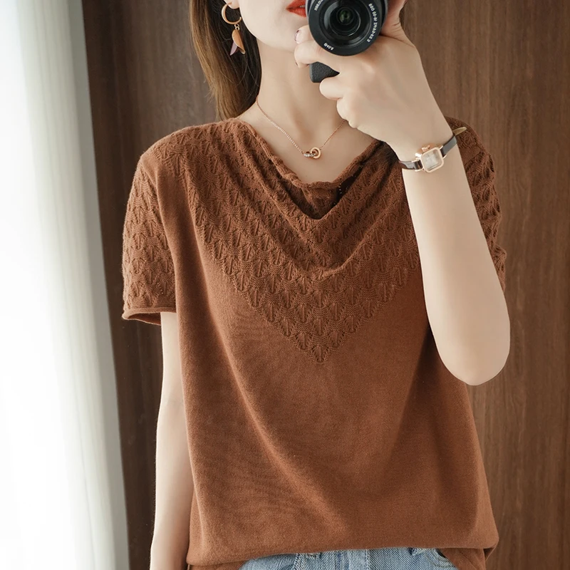 

Lafarvie Cotton Women T Shirt Drop Collar O Neck Short Sleeve Hollow Out Casual Loose Knit Femme Tops Solid Color Oversized XXL