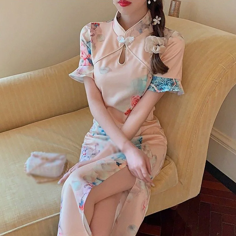 

Женское приталенное платье в китайском стиле, летнее платье средней длины с полуворотником и рукавами-фонариками с разрезом