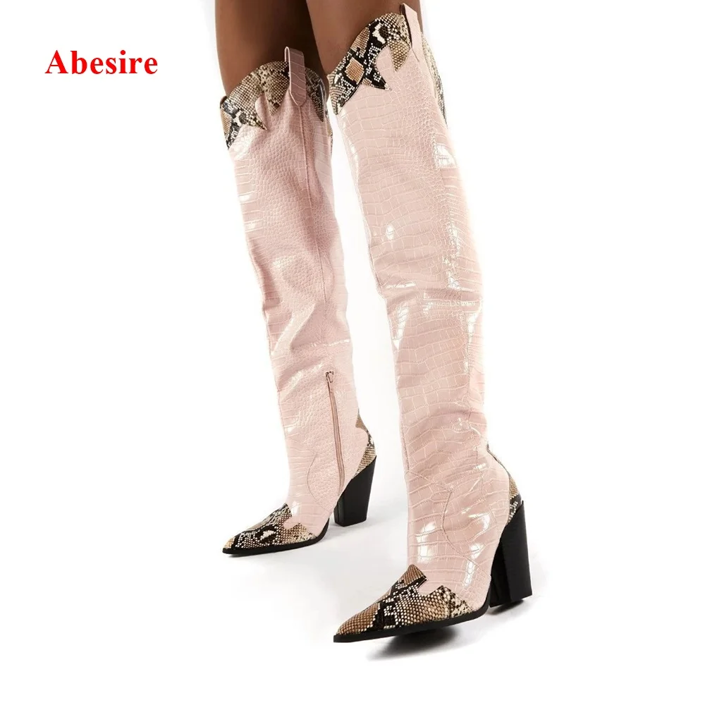 

Over The Knee Snake Leather Patchwork Boots New Arrivals Design Women Pointed Toe Zipper Winter Fashion Shoes Wedges