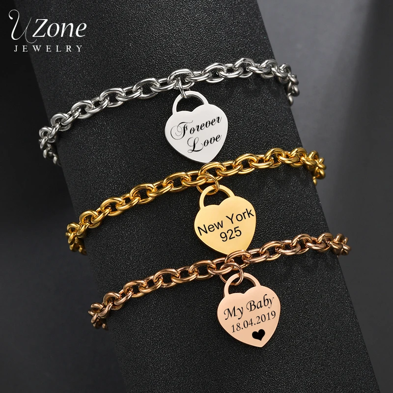 

UZone Custom Name Photo Heart Bracelet Stainless Steel Personalized Engrave Words Love Bangles For Women Valentine's Day Gift