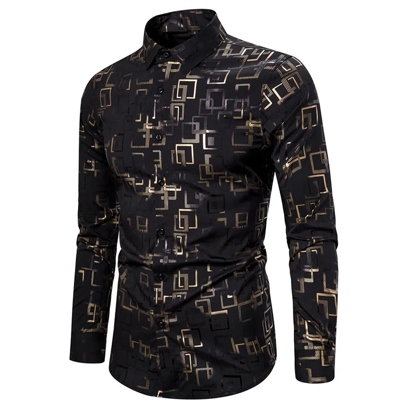 

Mens Black Bronzing Button Down Dress Shirts Wedding Prom Camisa Masculina 2021 Brand Long Sleeve Nightclub Party Shirt for Men