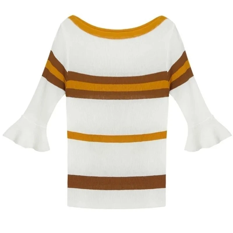 

Women's Sweater Hedging Summer New Stitching Round Neck Three-quarter Flared Sleeve Slim Temperament Simple Commuter Top 084