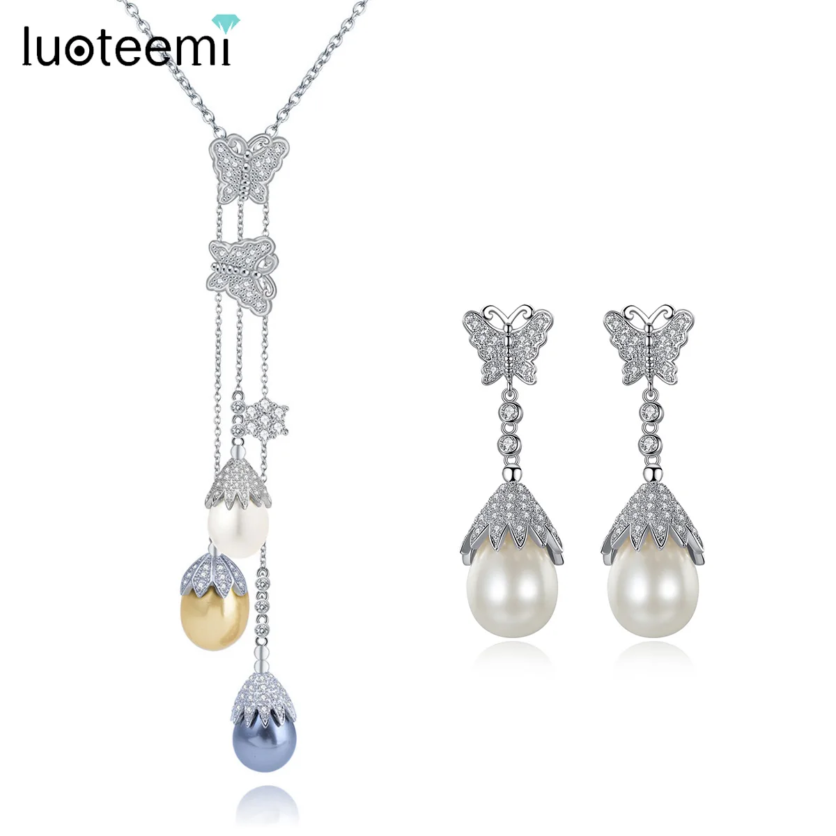 

LUOTEEMI Elegant Butterfly Jewelry Sets for Women White Gray Blue Shell Pearl Wedding Jewelry Sets for Bridals bijoux femme luxe