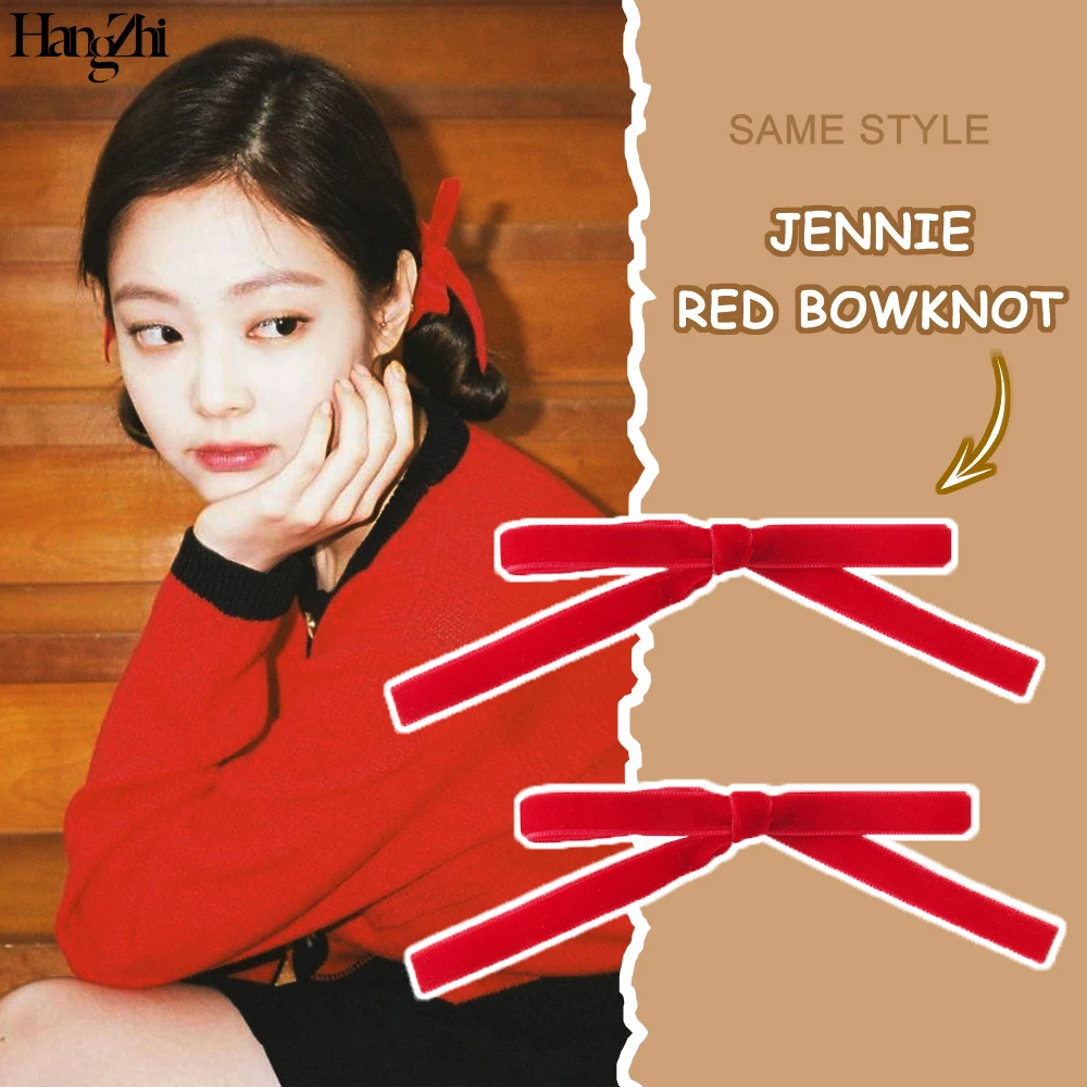 

HangZhi Red Velvet Hair Rope for Girls Trendy Colored Bowknot Elastic Hair Bands New Year Jewelry Kpop BP JENNIE Kim Same Style
