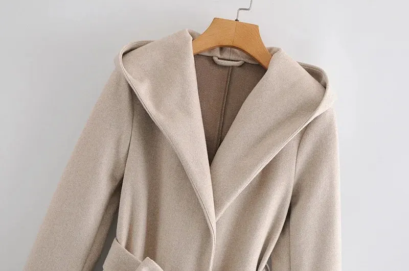 

Women 2021 Fashion With Belt Woolen Hooded Coat Vintage Long Sleeve Side Pockets Female Outerwear Chic Overcoat C290