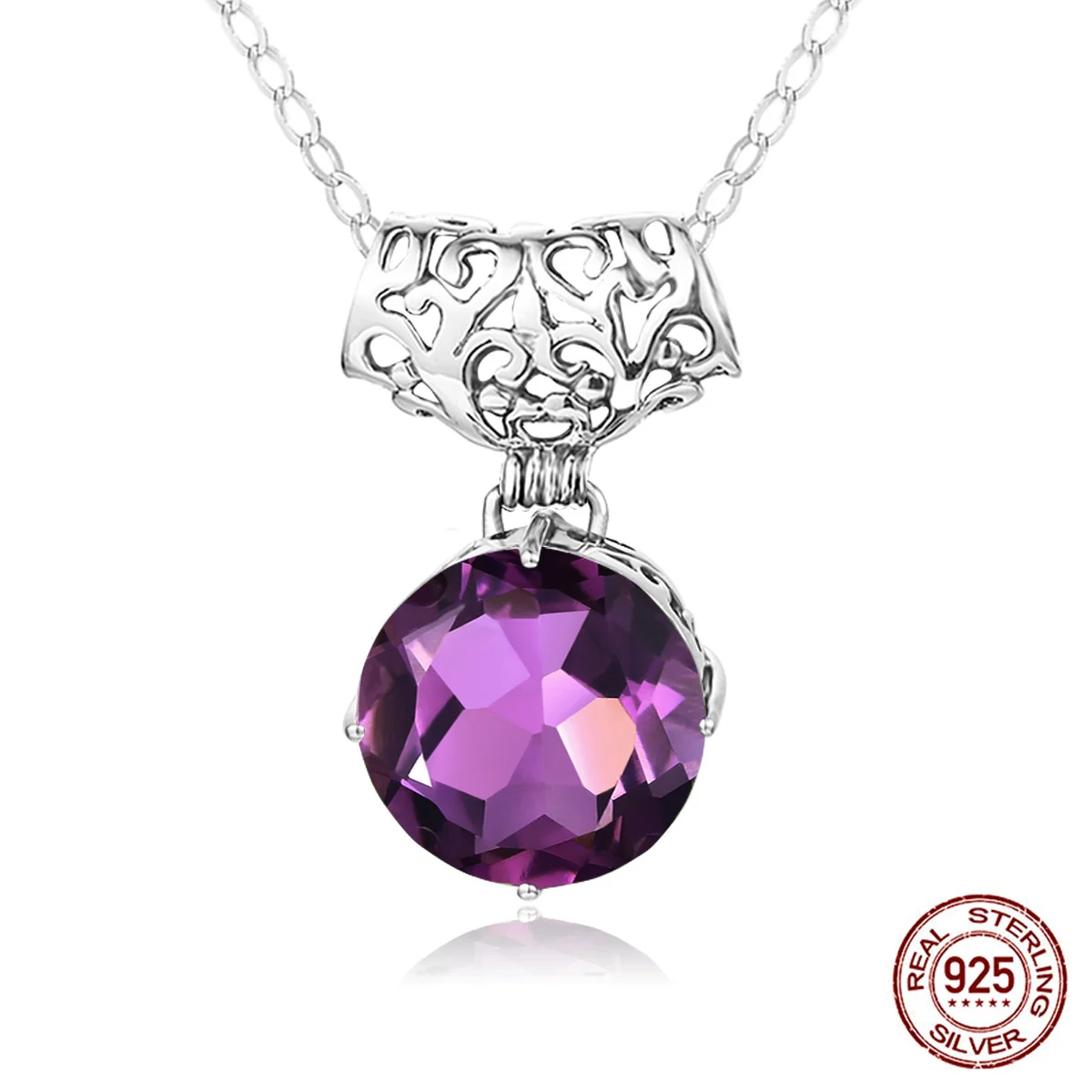 

SILVERPARTY New Luxury Round Amethyst Pendant For Women 925 Sterling Silver Vintage Jewelry Accessories Anniversary Best Gift
